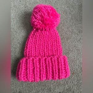 Bright Pink Knit Beanie with Pom-Pom
